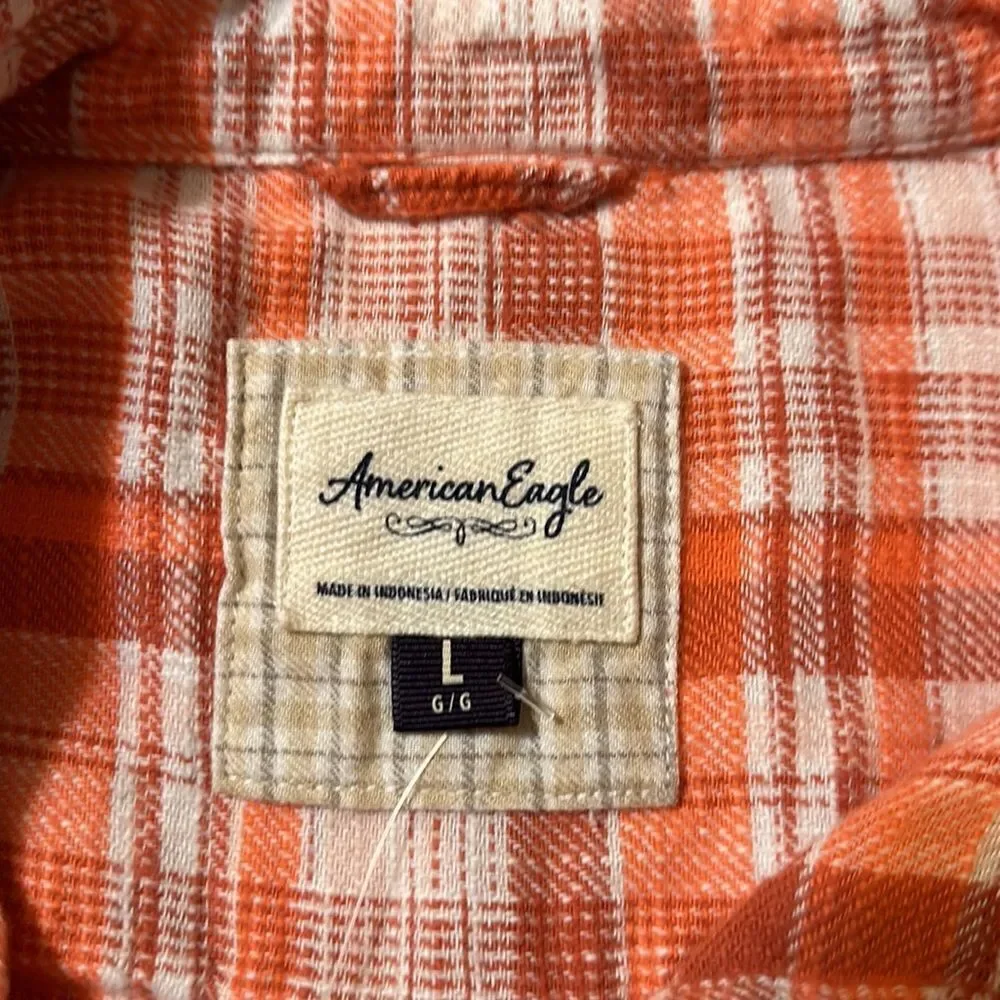 AE L Gorgeous Orange Plaid High Low Cropped Flannel Shirt Distressed Elbows